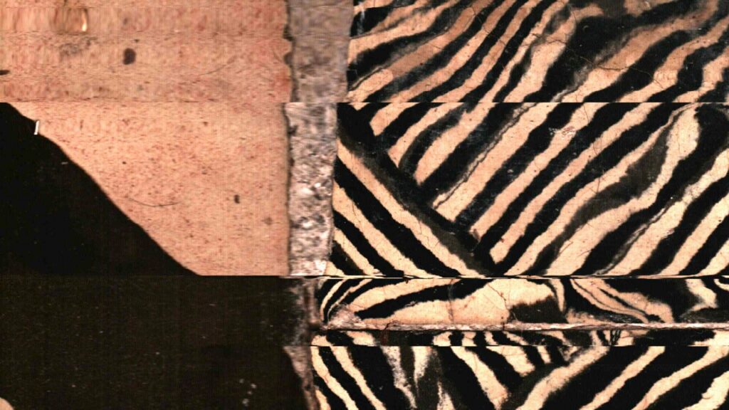 Una diagonal bicolor encuentra una trama de franjas negras y claras.