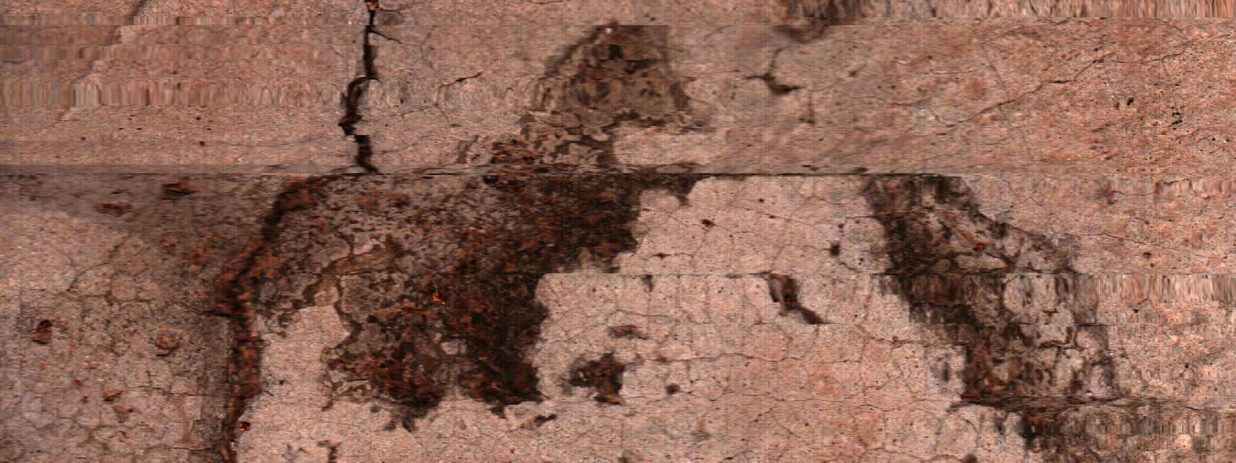 El revestimiento rosado se abre en manchas pardas y una grieta vertical.